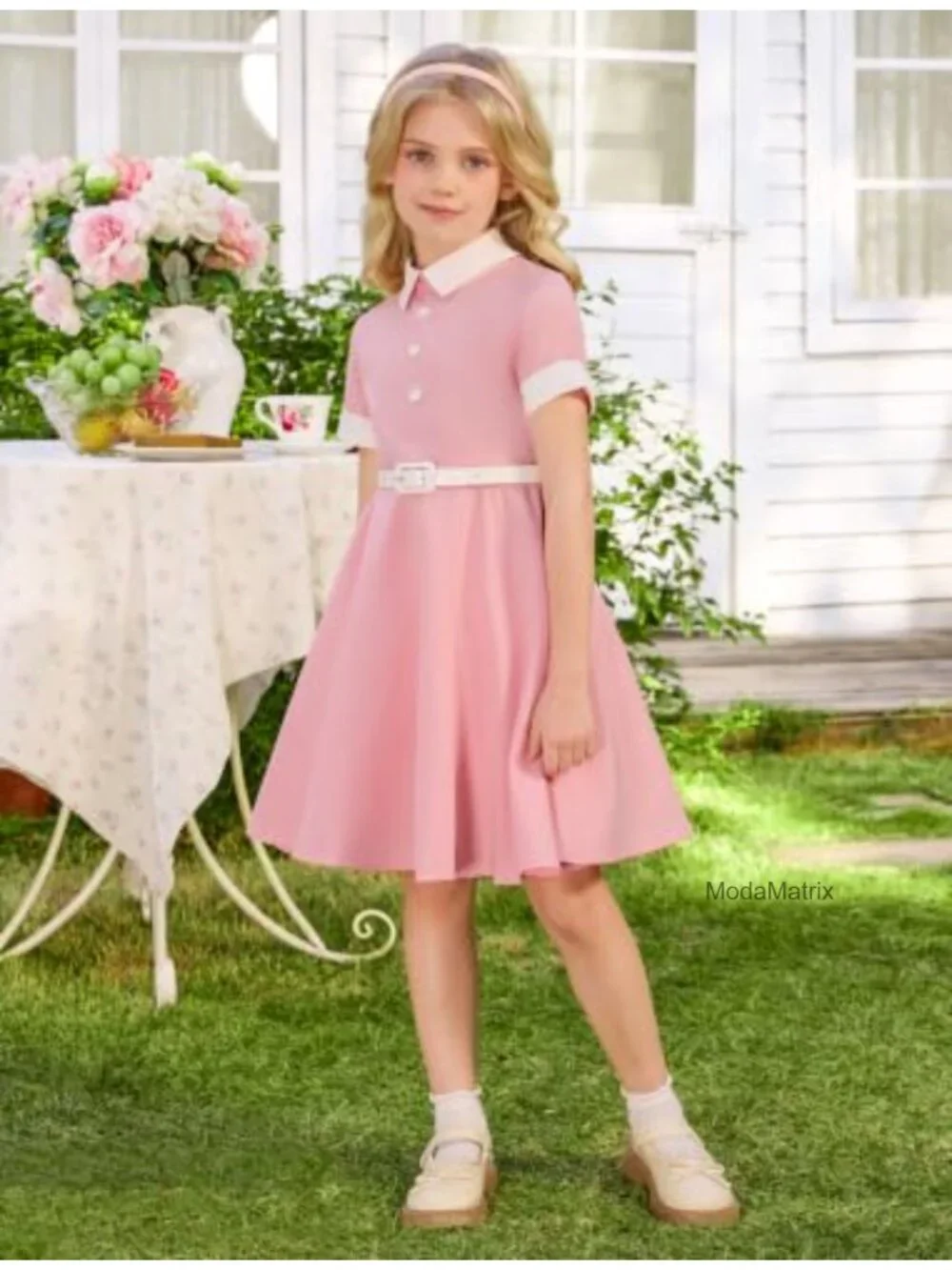 Girls 1950s Vintage Swing Dress with Belt Rockabilly Audrey Hepburn Style Short